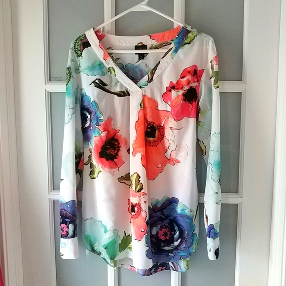 🌺  Worthington Silky "Georgia O'Keeffe"-style Flowy & Flowery Tunic Top 🌺 - Picture 1 of 7